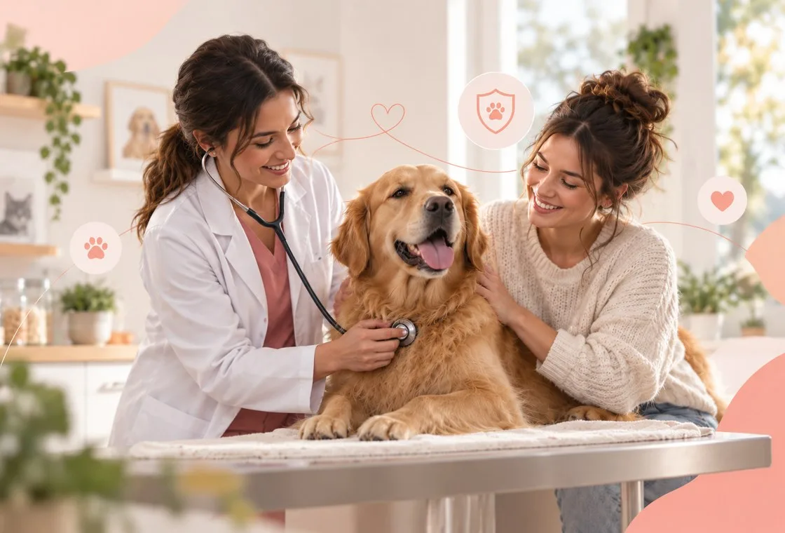 Veterinarian examining a golden-colored dog beside its owner